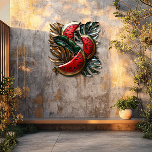 Watermelon aluminum wall decor with tropical foliage and metallic accents for patio styling 5