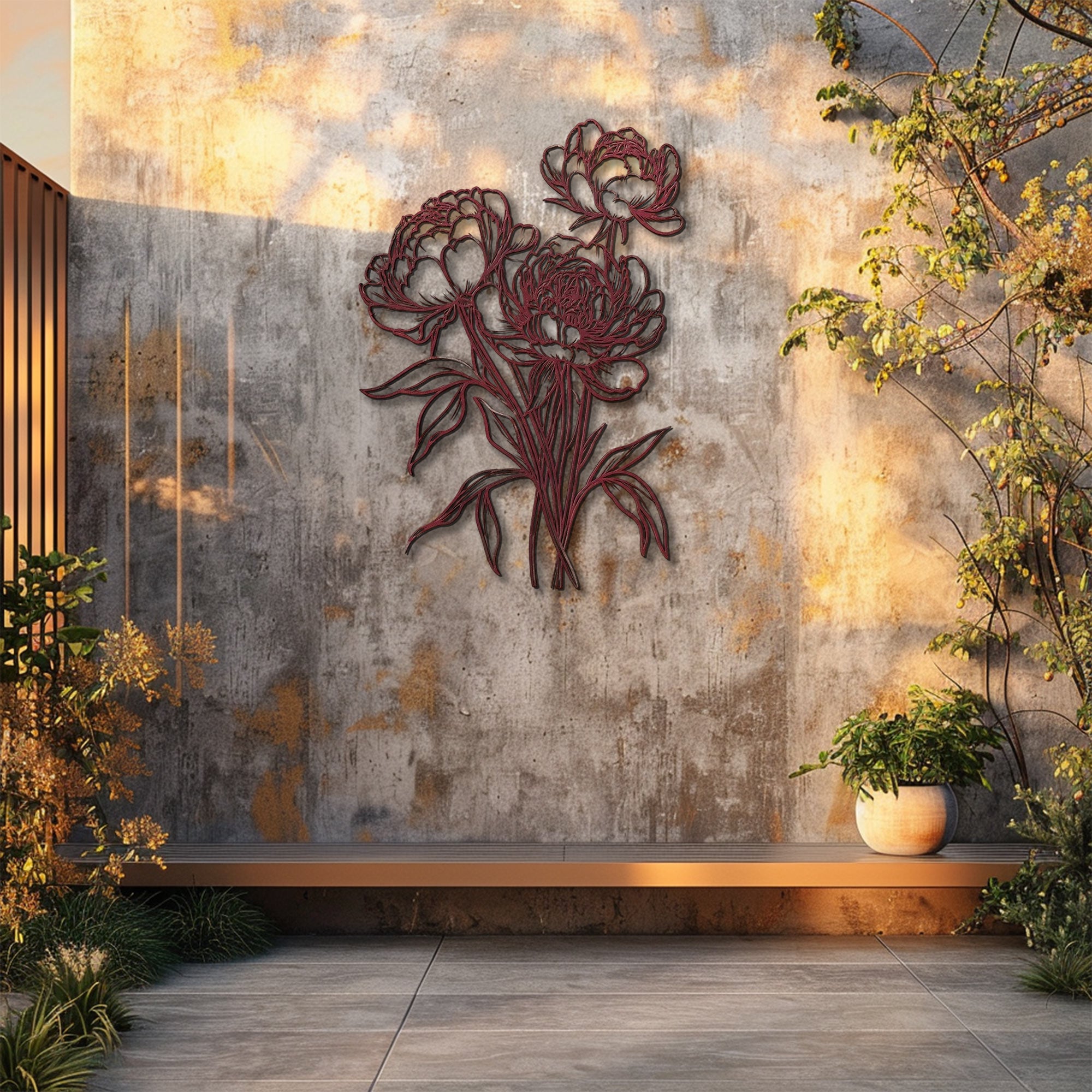 Peony outline metal wall art with elegant floral botanical line art design mounted on textured wall 5