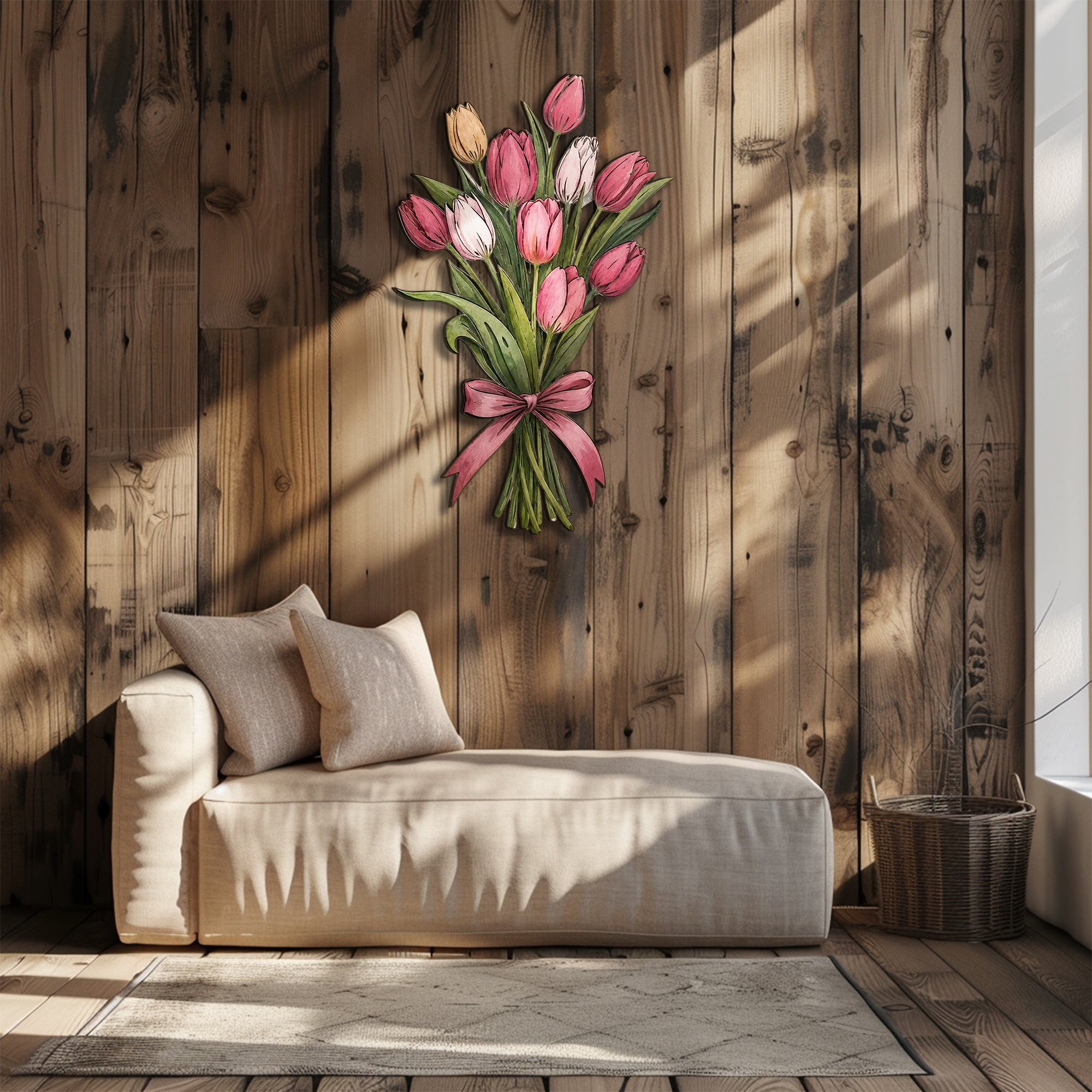 Pink tulip bouquet metal wall art displayed on beige wall with soft floral pastel colors 5