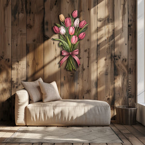 Pink tulip bouquet metal wall art displayed on beige wall with soft floral pastel colors 5