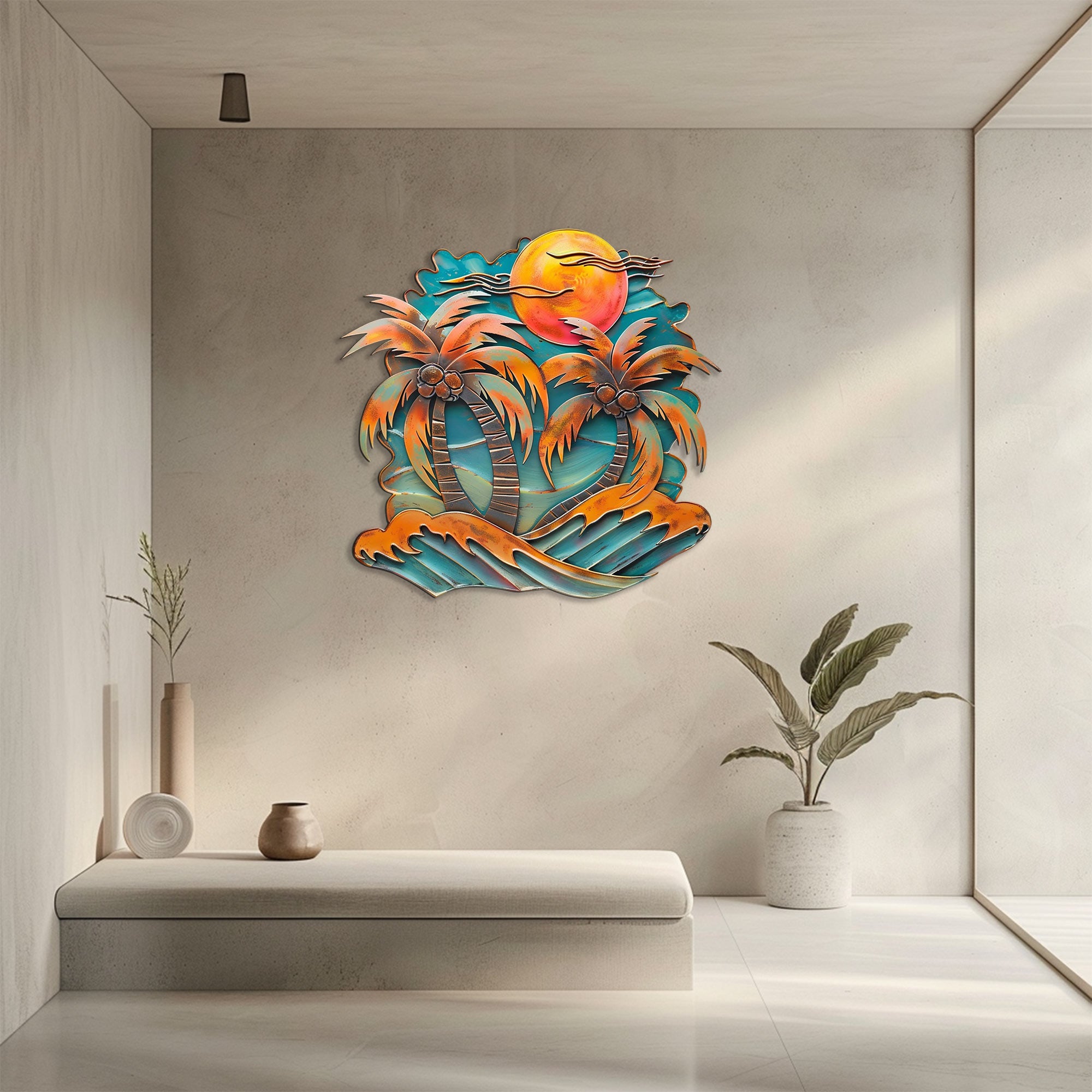 Coconut palm trees metal wall art with tropical coconuts orange sunset sky crashing turquoise waves and beach resort aluminum wall decor 5