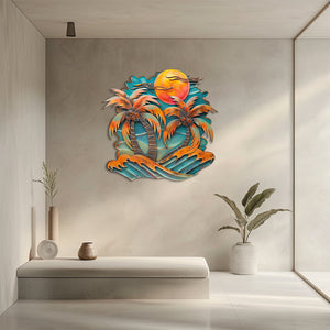 Coconut palm trees metal wall art with tropical coconuts orange sunset sky crashing turquoise waves and beach resort aluminum wall decor 5