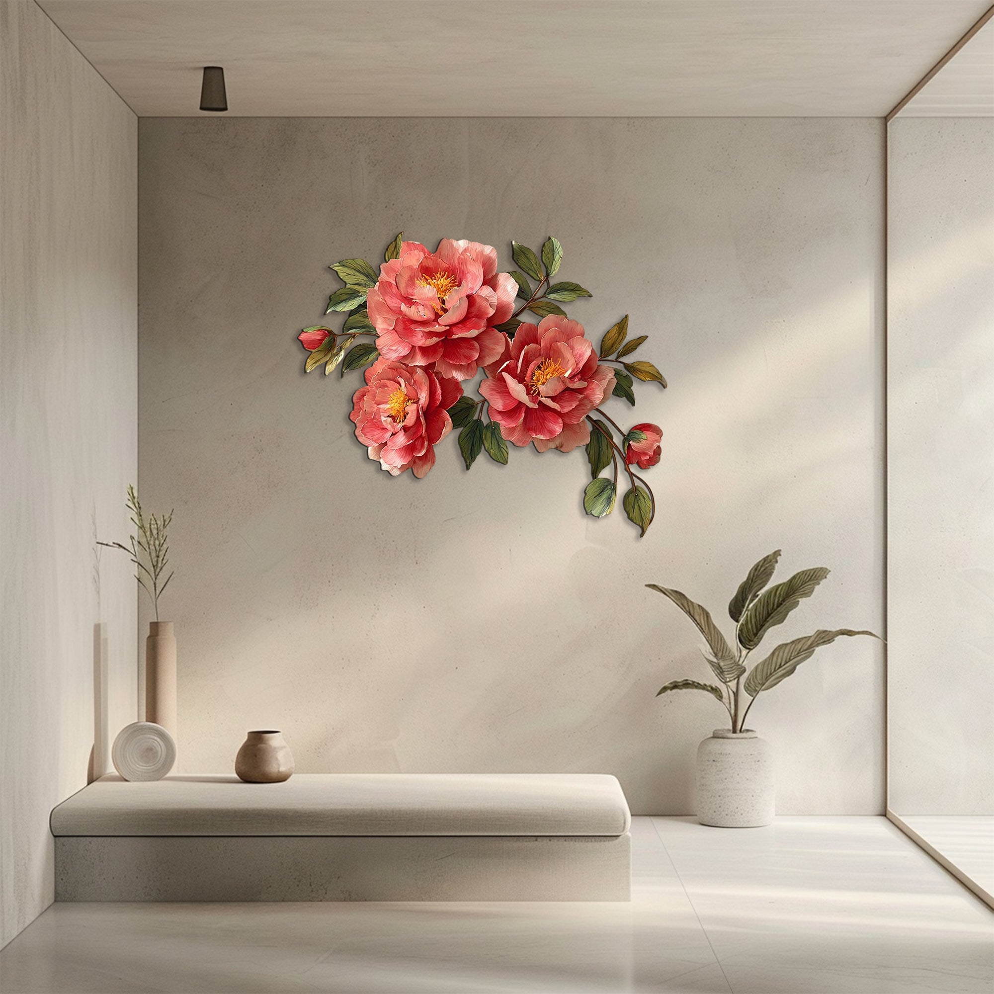 Pink peony blossom metal wall art with elegant floral branch design mounted on textured wall 5