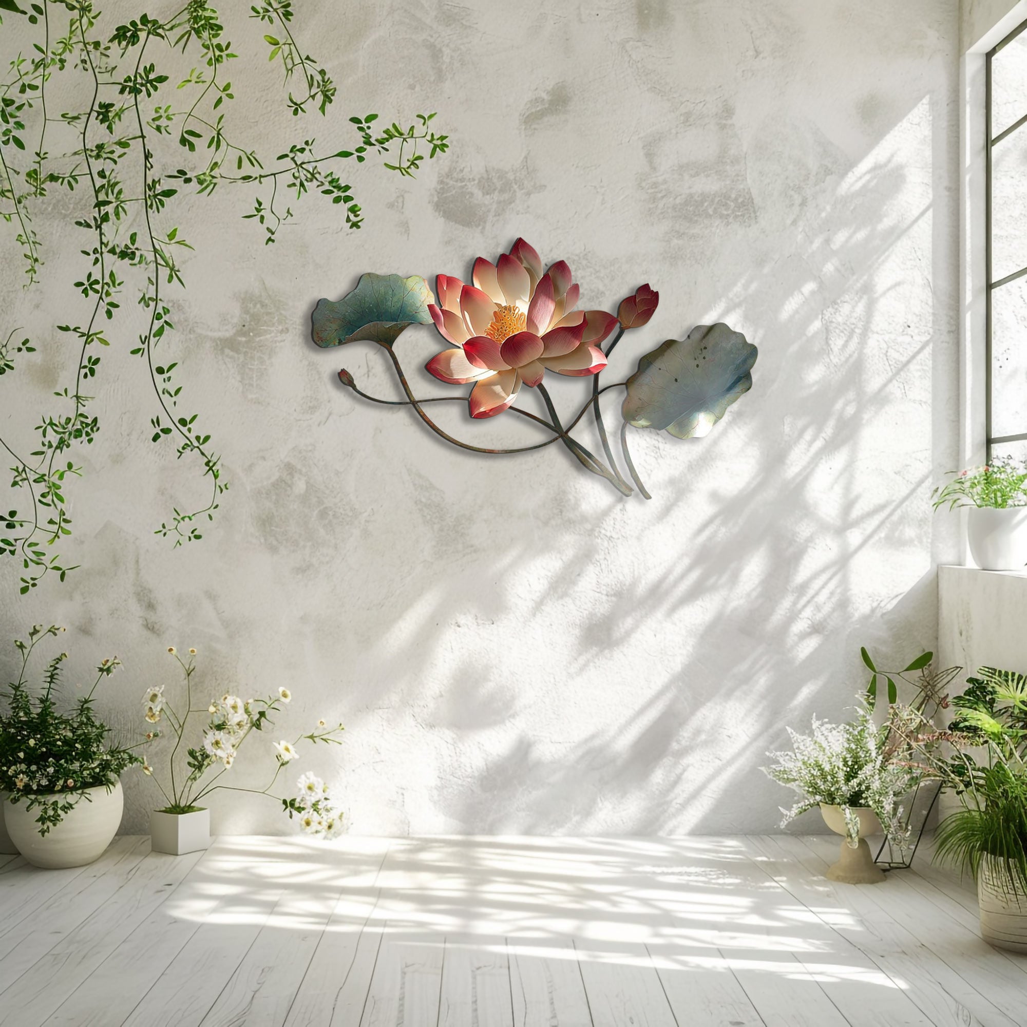 Botanical lotus metal wall art with faux 3D artwork for minimalist decor 5