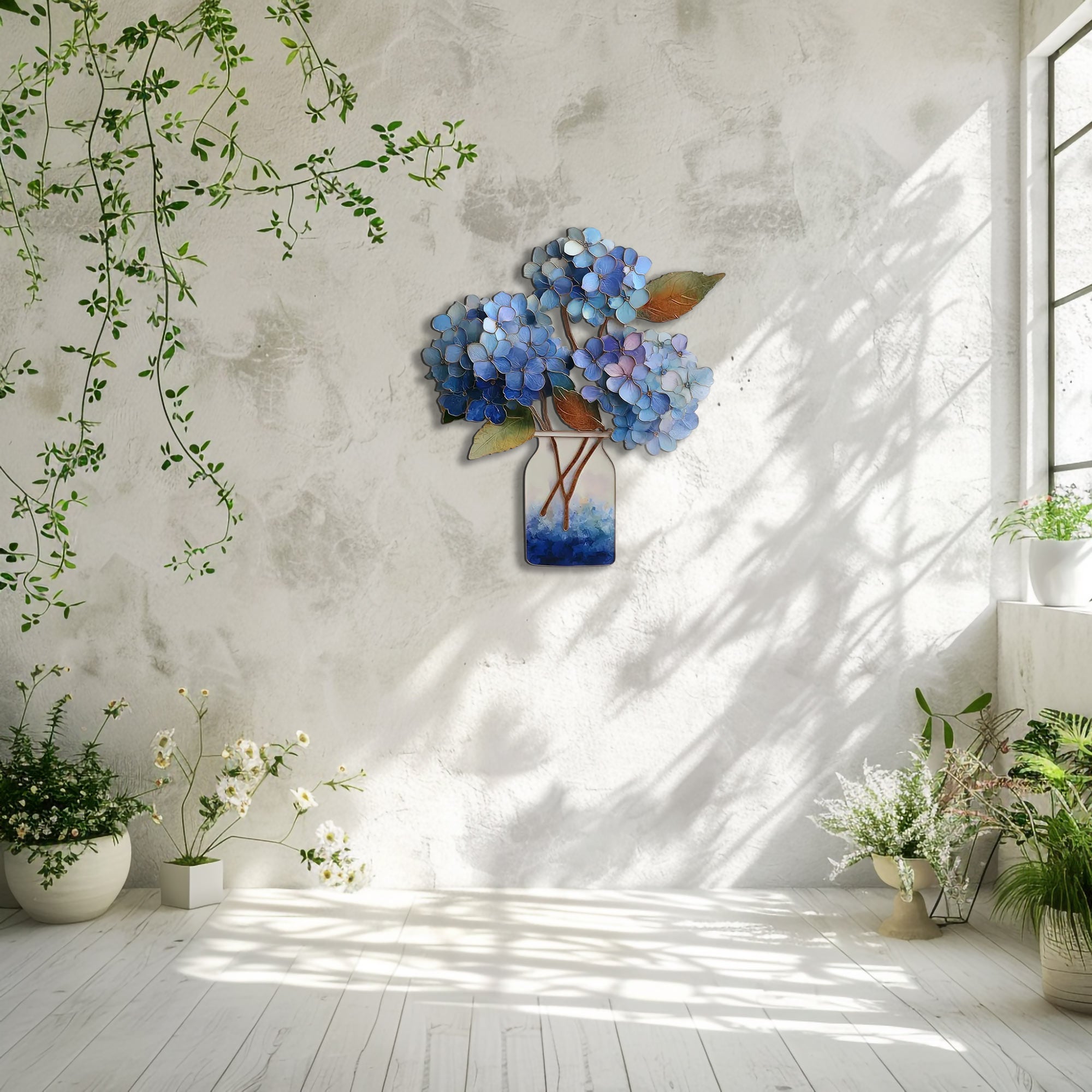 Blue hydrangea metal wall art with floral bouquet and rustic vase styling 5