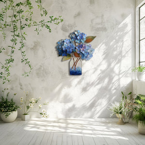 Blue hydrangea metal wall art with floral bouquet and rustic vase styling 5
