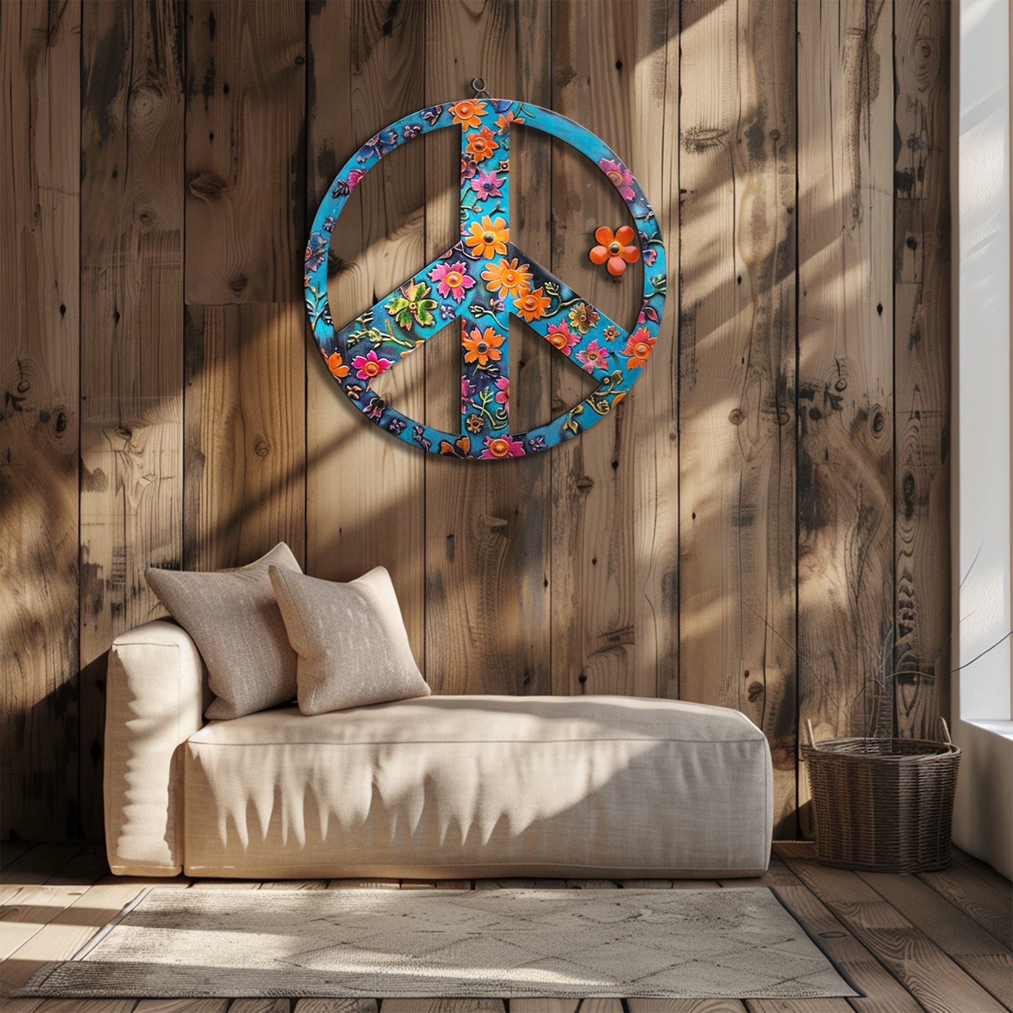 Turquoise Floral Peace Sign UV printed aluminum metal wall art for boho patio garden and living room decor 6