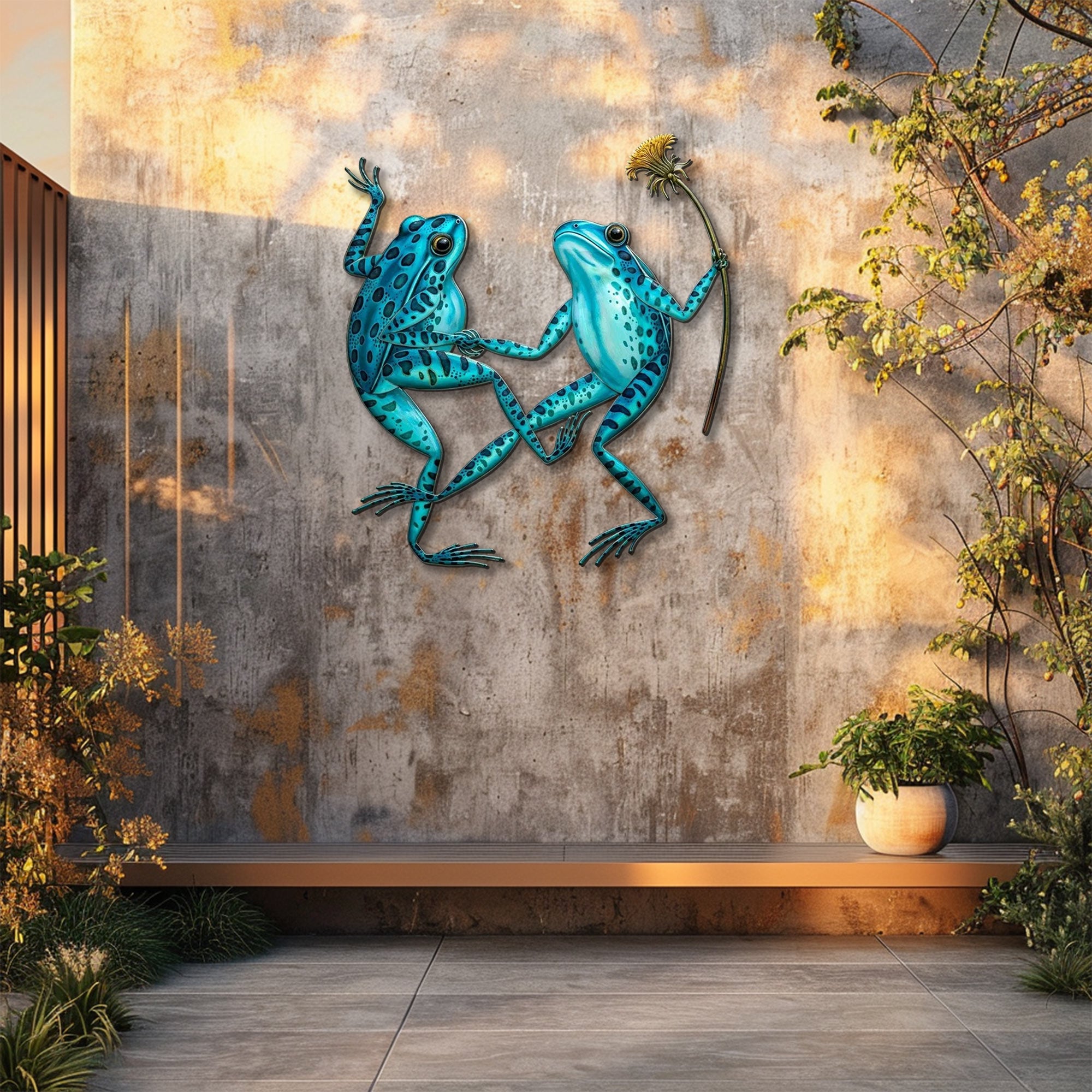 Blue frog couple metal wall art with flower whimsical garden aluminum wall decor 5