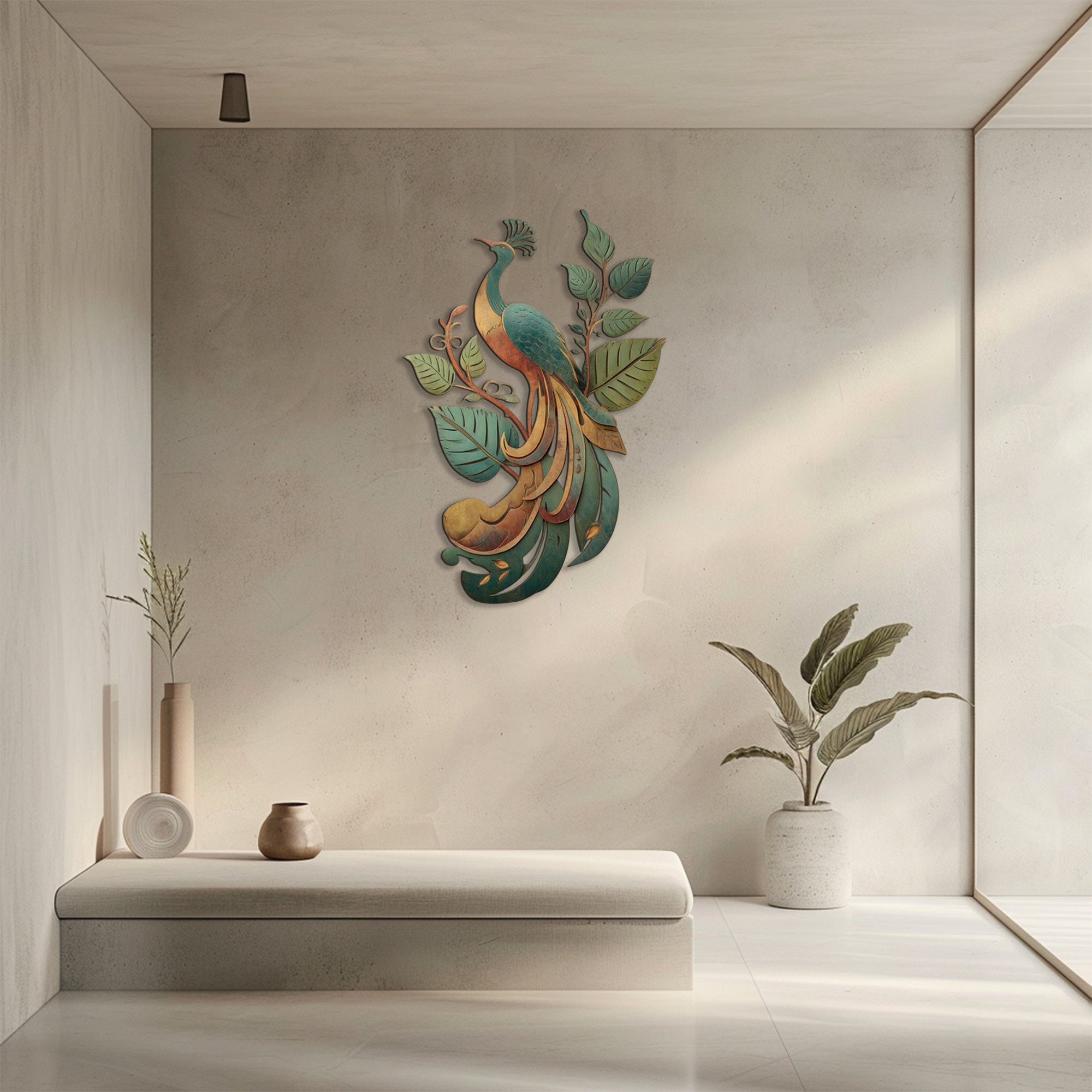 Peacock Leaf UV printed aluminum metal wall art for tropical patio garden and living room decor 6