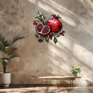 Pomegranate metal wall art with vibrant ruby-red fruit and botanical leaves for Mediterranean kitchen decor 5