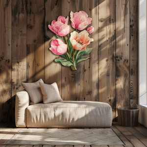Pink tulip blossom metal wall art with elegant pastel floral design mounted on wall 5