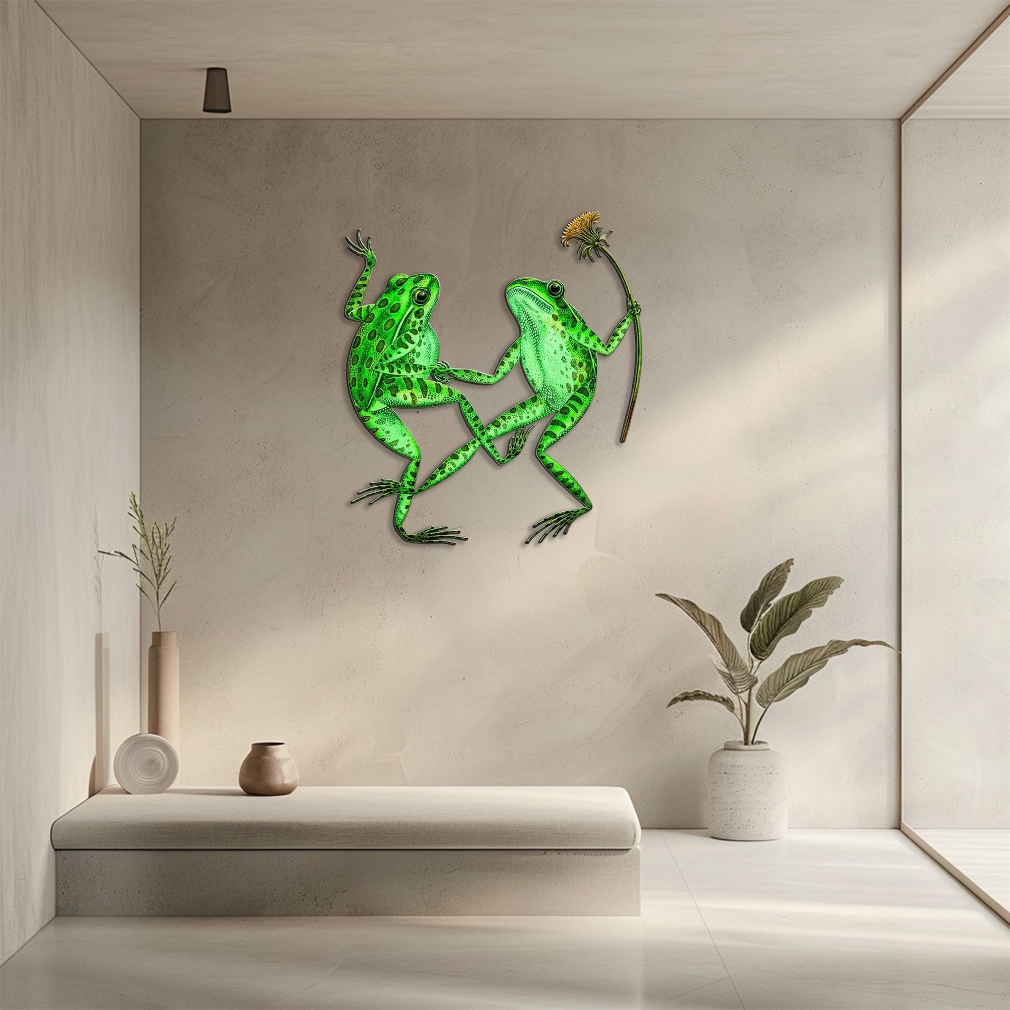 Green frog couple metal wall art with flower whimsical garden aluminum wall decor 5