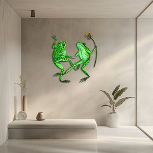 Green frog couple metal wall art with flower whimsical garden aluminum wall decor 5