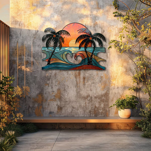 Ocean wave heart metal wall art with hidden wave heart center double sunset sun dark palm silhouettes coastal beach bedroom aluminum wall decor 5