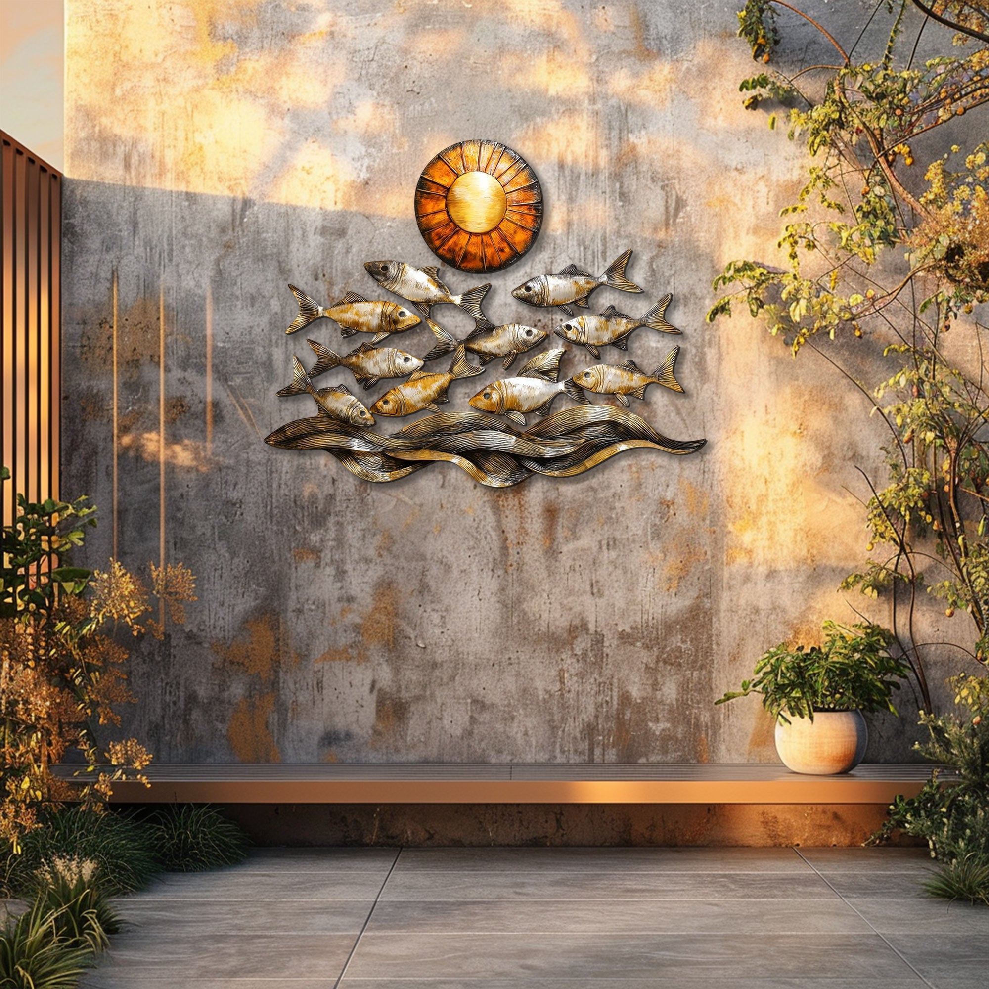 Golden coastal fish metal wall art with ocean waves and sunset nautical aluminum wall decor 5