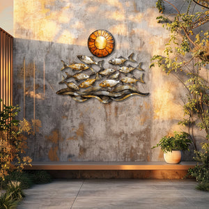 Golden coastal fish metal wall art with ocean waves and sunset nautical aluminum wall decor 5