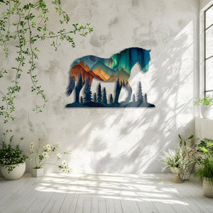 Aurora horse metal wall art with mountain landscape and northern lights wilderness scenery 5