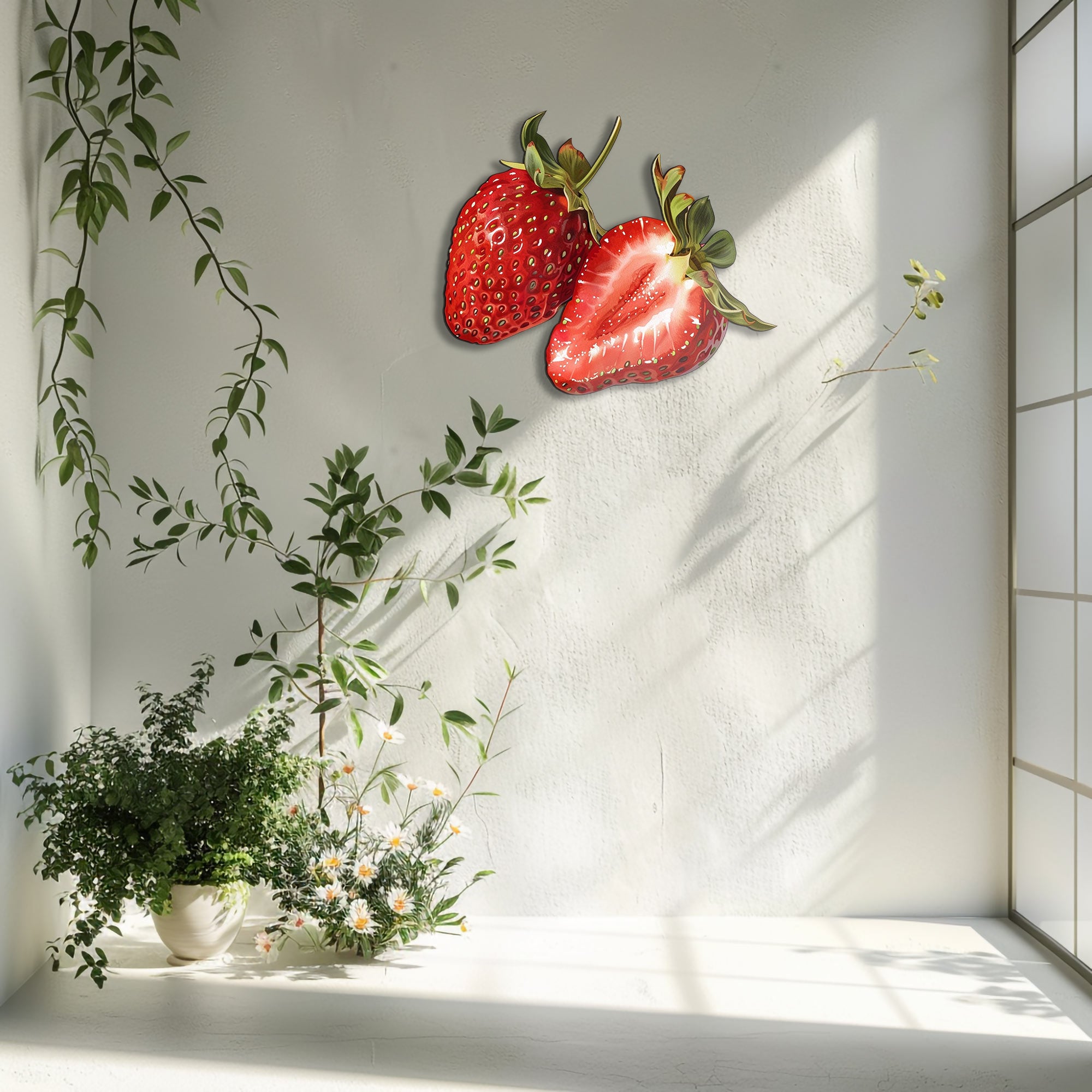 Strawberry metal wall art with vibrant red fruit and botanical detailing for farmhouse kitchen decor 5
