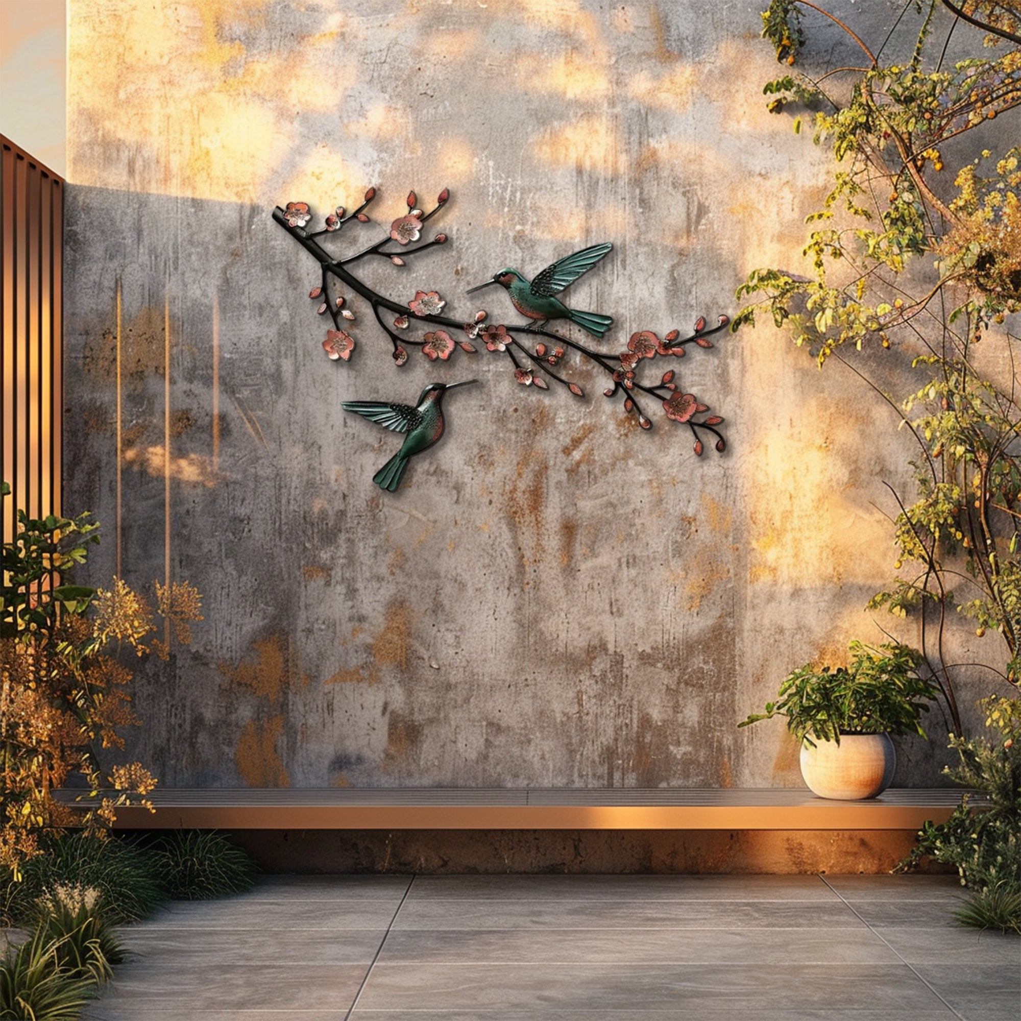 Hummingbird Cherry Blossom UV printed aluminum metal wall art for floral living room and patio decor 6