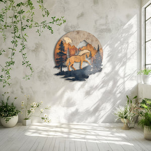 Mountain horse metal wall art with pine forest and rustic wilderness scenery 5