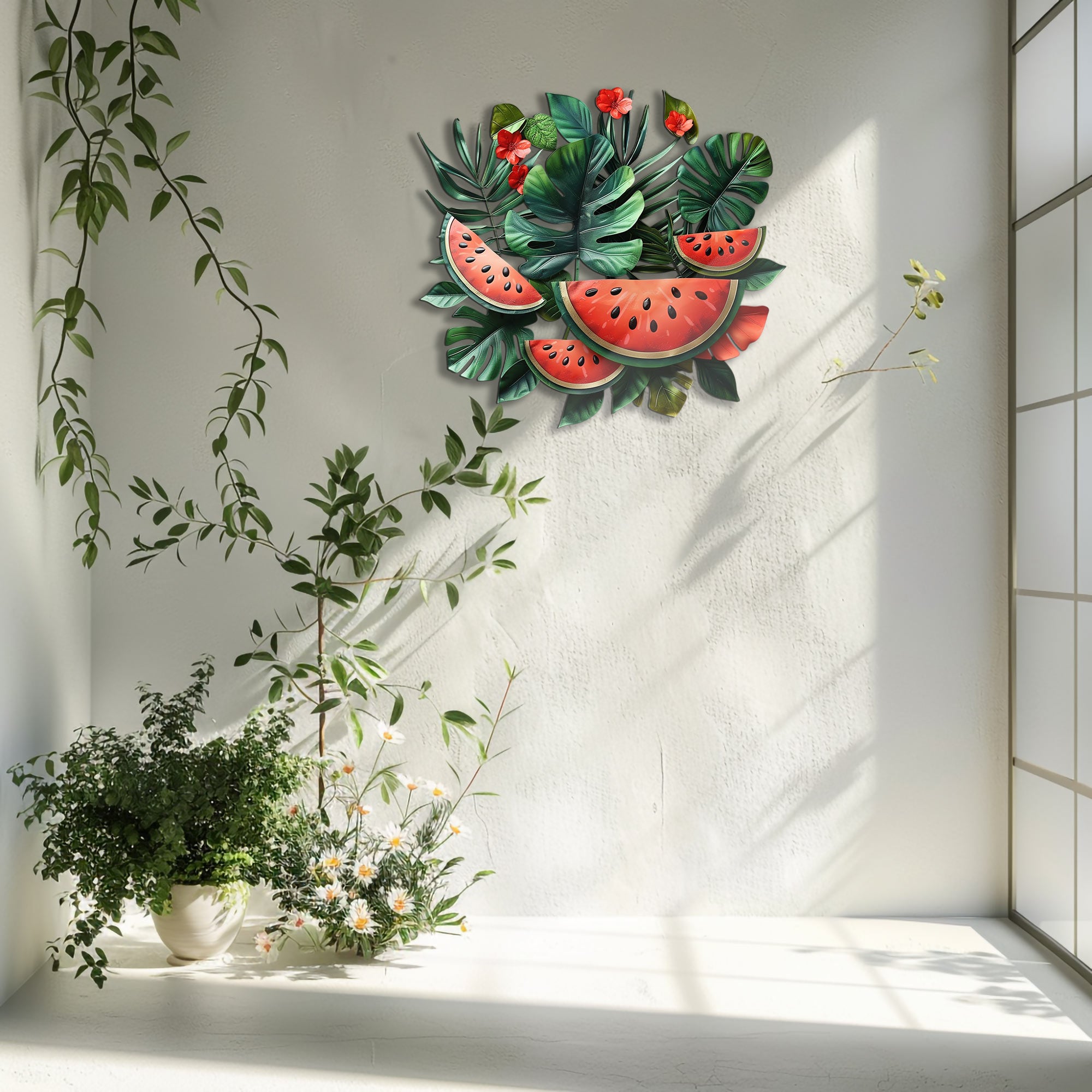 Tropical watermelon wall decor with exotic leaves for boho patio and kitchen spaces 5