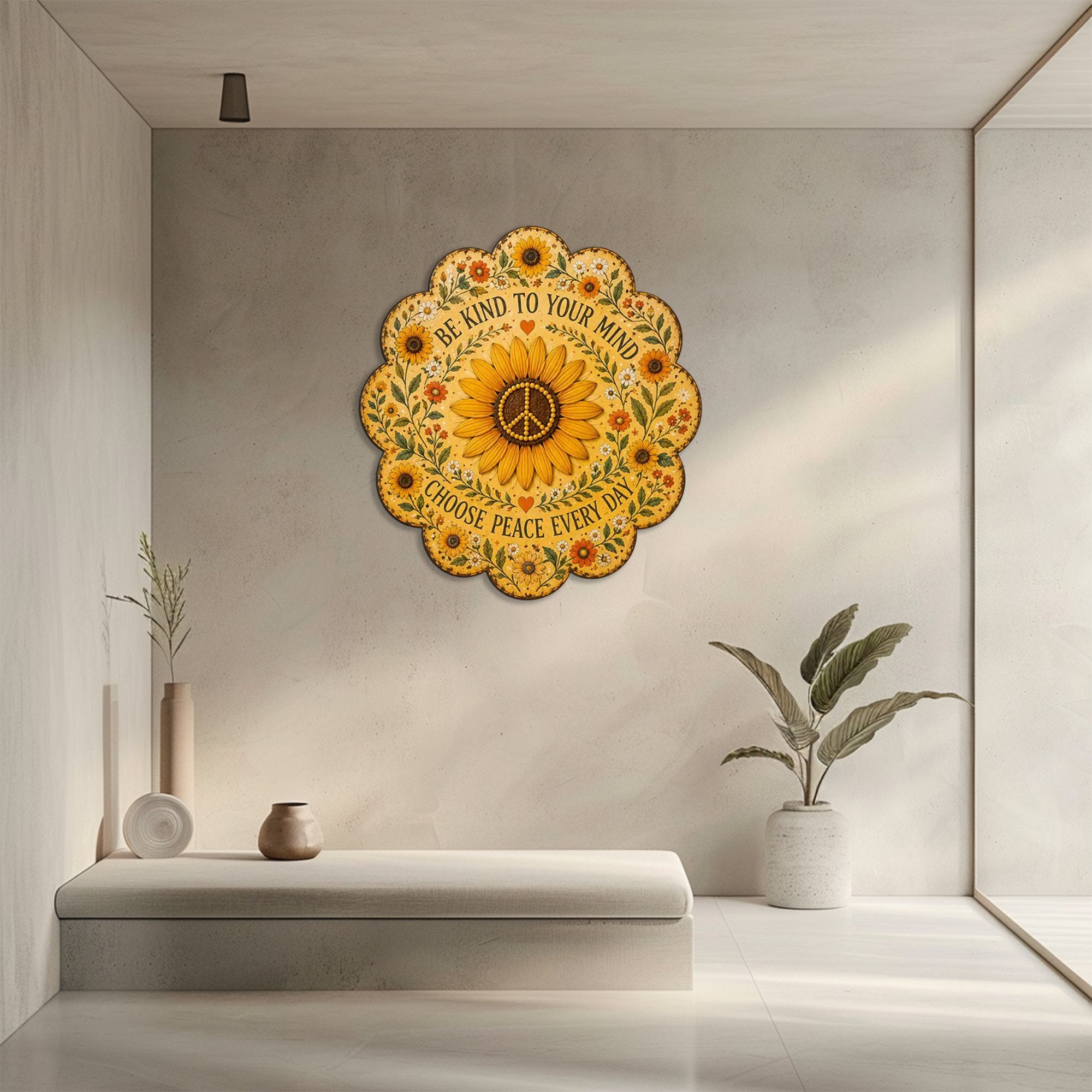 Be Kind Sunflower Peace UV printed aluminum metal wall art for inspirational floral living room bedroom and patio decor 6