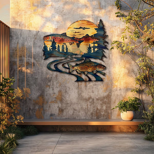 Twin trout fish metal wall art with dual leaping trout winding river mountain golden sunset rustic cabin pine trees wilderness aluminum wall decor 5