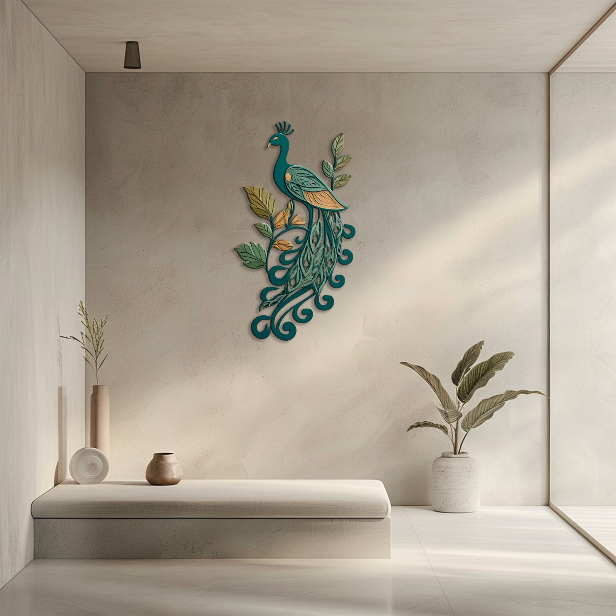 Teal Peacock UV printed aluminum metal wall art for botanical patio garden and living room decor 5