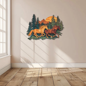 Running horses metal wall art with mountain wilderness and pine forest scenery 6