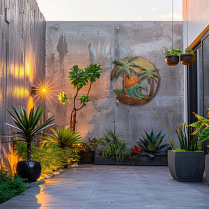 Tropical palm tree metal wall art with ocean wave and sunset design mounted on textured wall 6