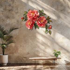 Pink peony blossom metal wall art with elegant floral branch design mounted on textured wall 6