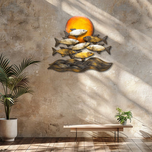 Golden sunset fish metal wall art with ocean waves coastal aluminum wall decor 6