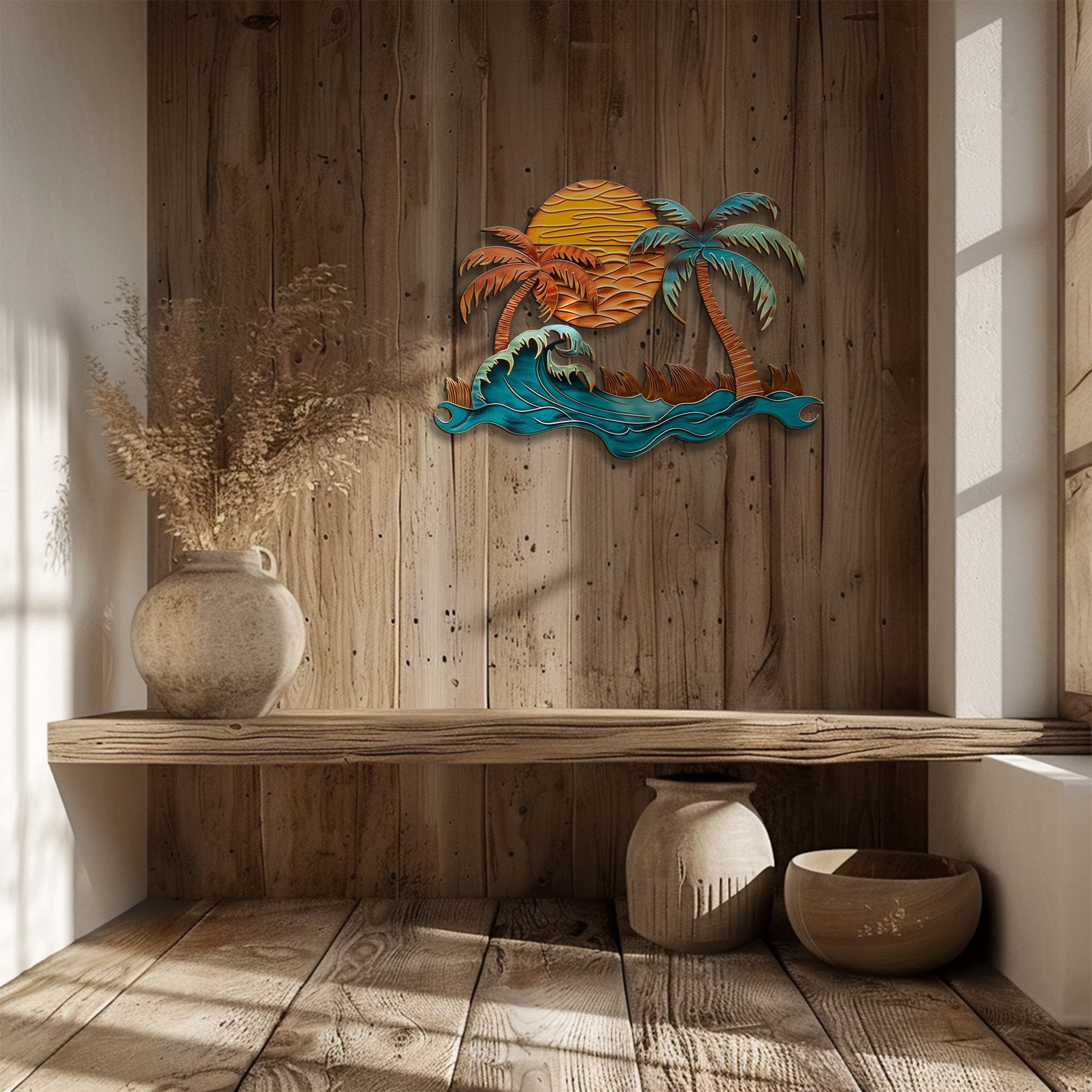 Ocean wave palm trees metal wall art with crashing wave copper sunset sun beach surf house aluminum wall decor 6