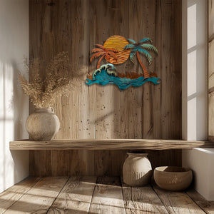 Ocean wave palm trees metal wall art with crashing wave copper sunset sun beach surf house aluminum wall decor 6