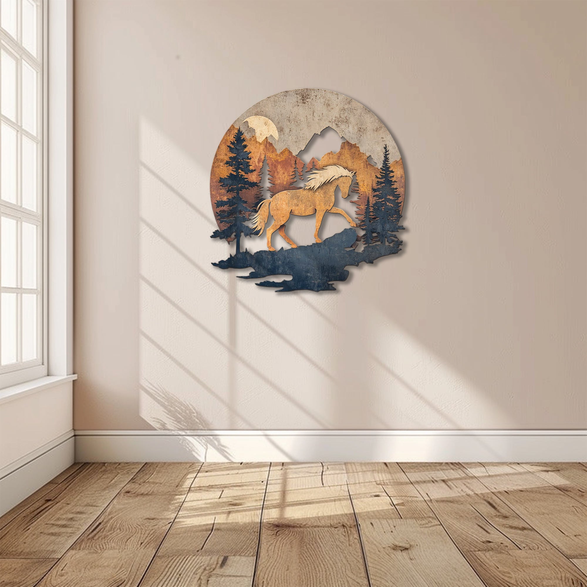Mountain horse metal wall art with pine forest and rustic wilderness scenery 6