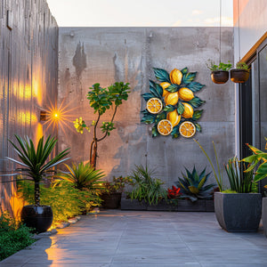 Lemon branch metal wall art with vibrant citrus fruits and botanical leaves for Mediterranean kitchen decor 6