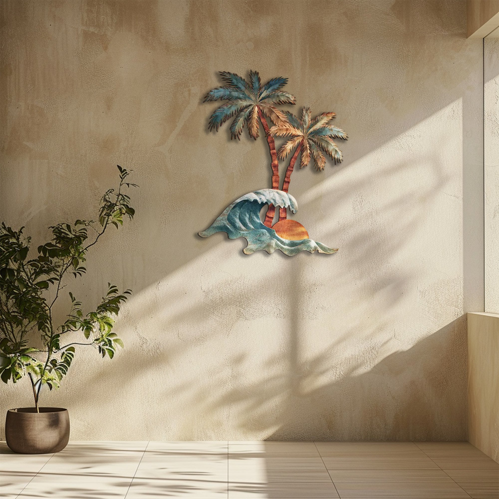 Tropical palm wave metal wall art with ocean waves and sunset coastal design mounted on wall 6