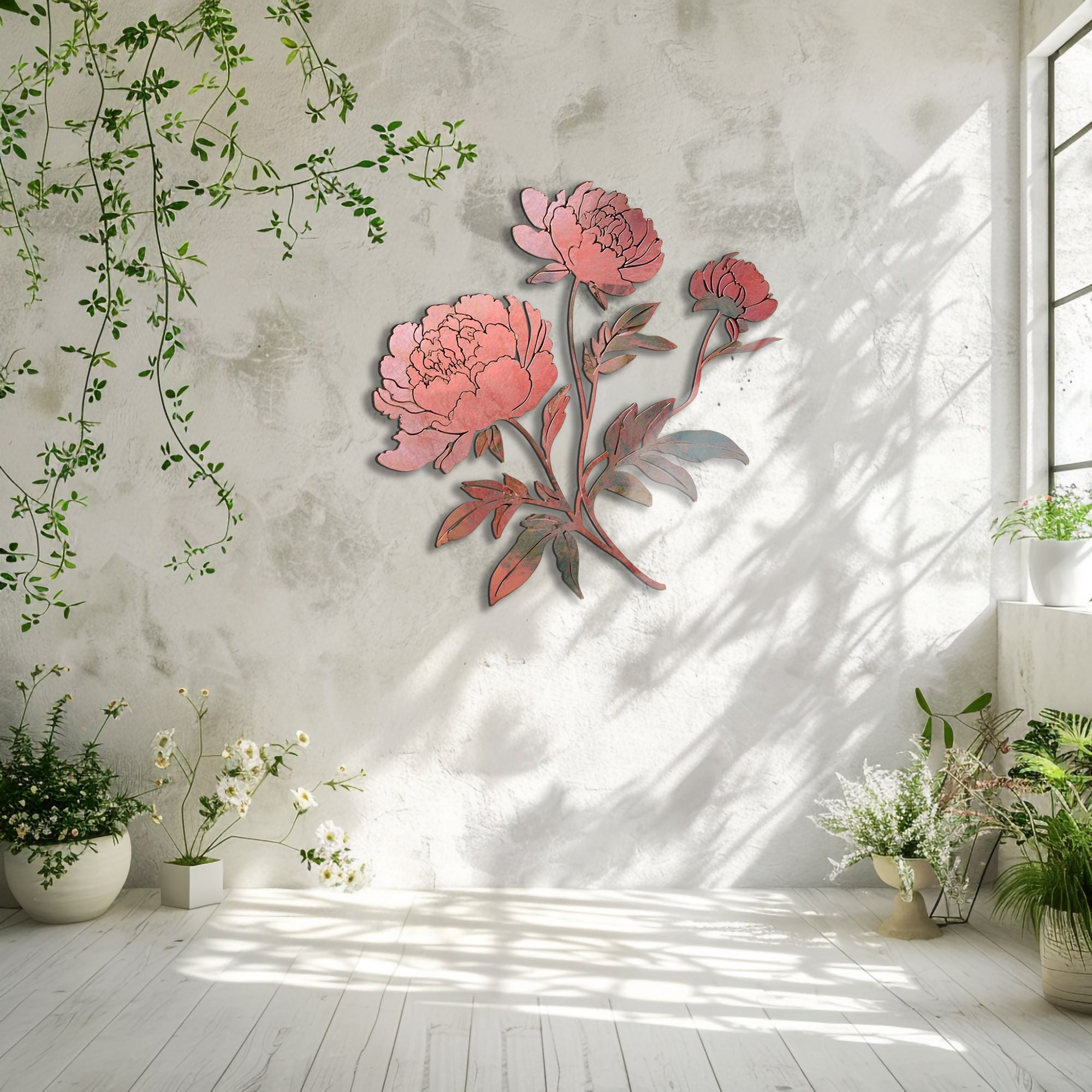 Blush pink peony metal wall art with elegant botanical floral design mounted on textured wall 6