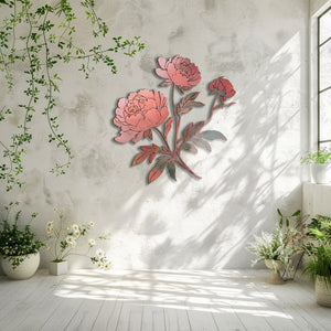 Blush pink peony metal wall art with elegant botanical floral design mounted on textured wall 6
