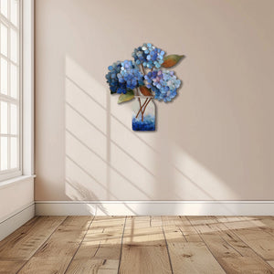 Blue hydrangea metal wall art with floral bouquet and rustic vase styling 6