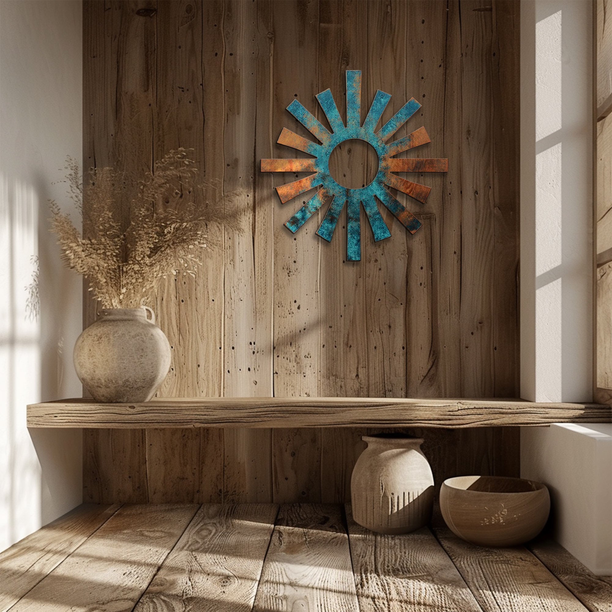 Turquoise sunburst metal wall art rustic southwestern outdoor decor 6