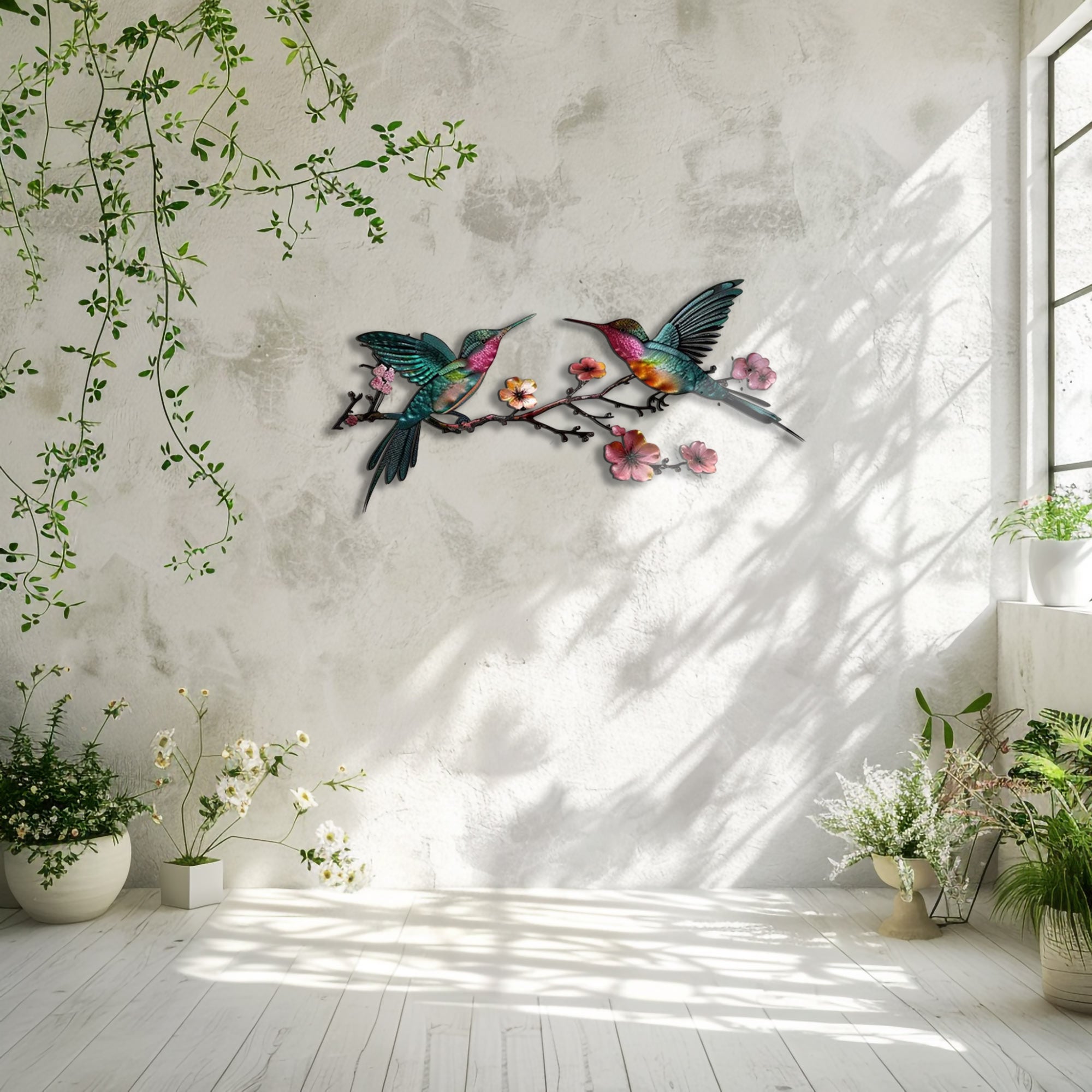Hummingbird Branch UV printed aluminum metal wall art for floral living room and patio decor 6