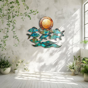 Turquoise fish metal wall art with ocean waves and sunset coastal aluminum wall decor 6