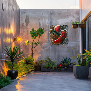 Watermelon aluminum wall decor with tropical foliage and metallic accents for patio styling 6