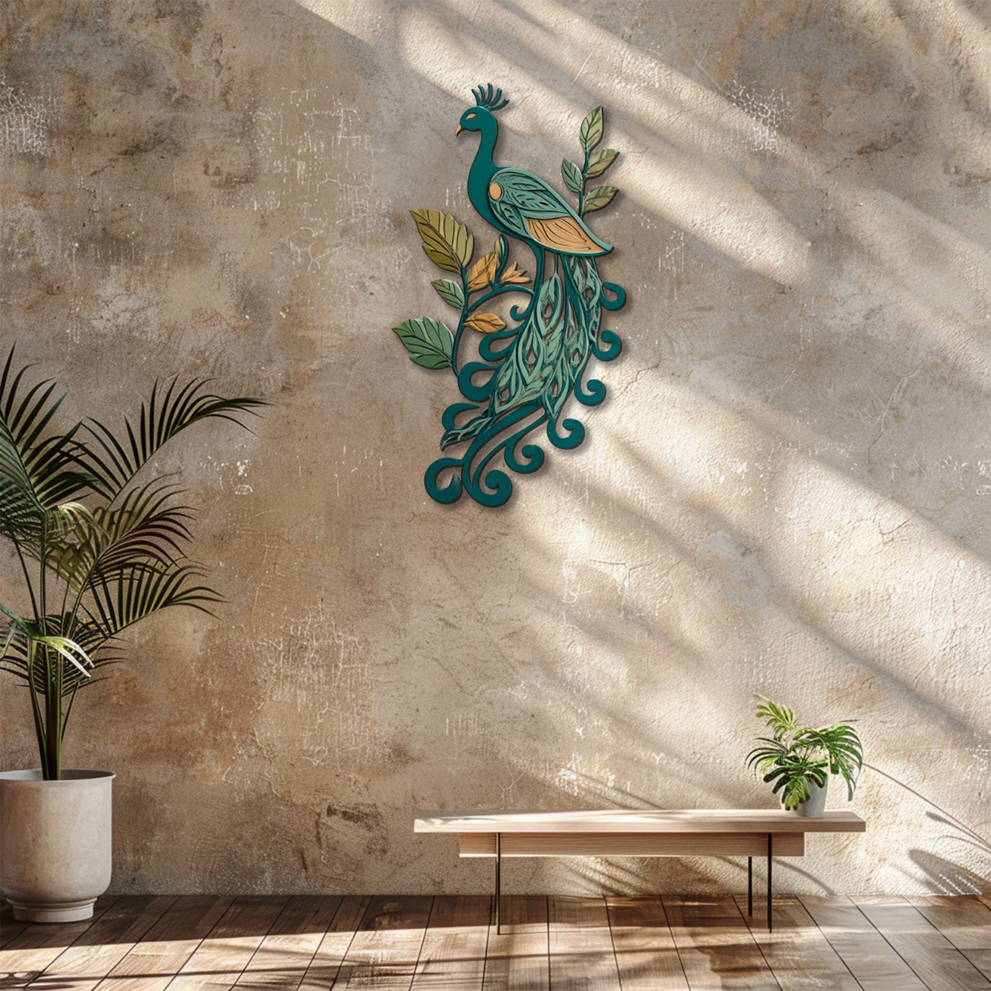 Teal Peacock UV printed aluminum metal wall art for botanical patio garden and living room decor 6