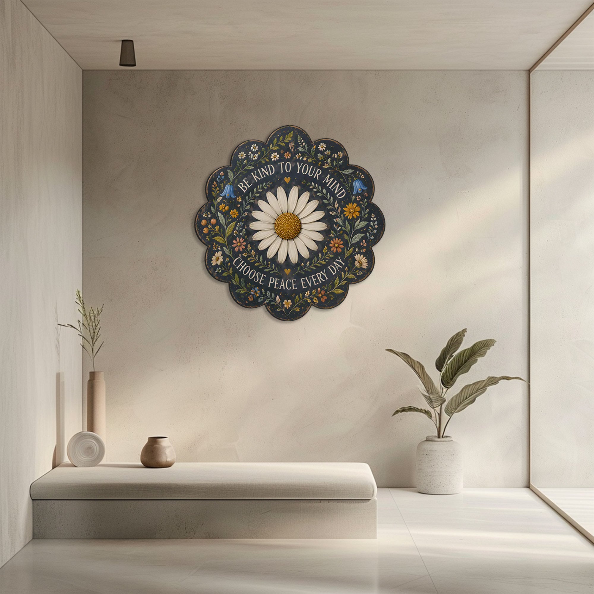 Be Kind Daisy Peace UV printed aluminum metal wall art for dark floral living room bedroom and patio decor 7
