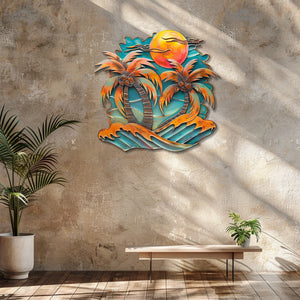 Coconut palm trees metal wall art with tropical coconuts orange sunset sky crashing turquoise waves and beach resort aluminum wall decor 6