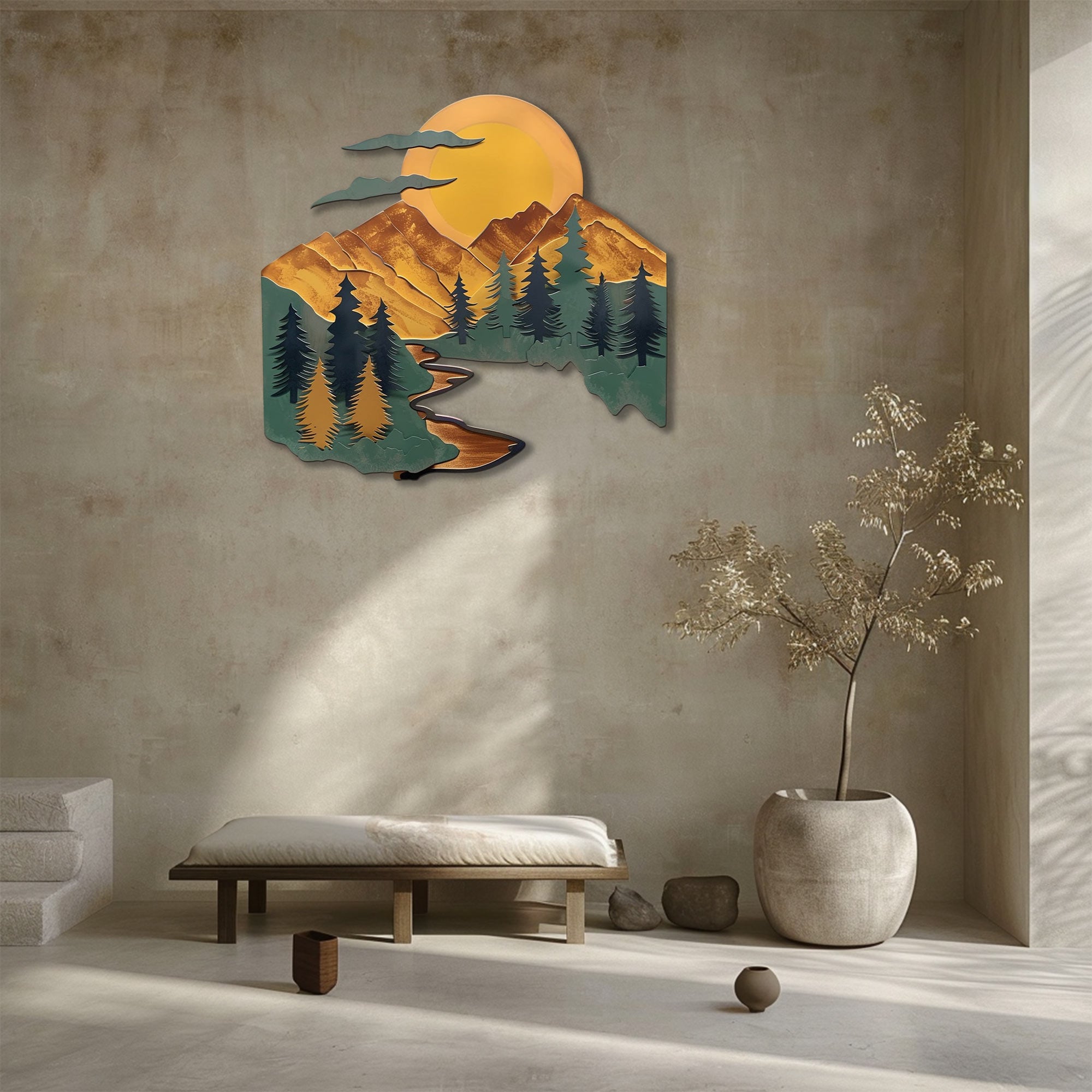 Mountain river sunset metal wall art with pine trees winding river stream and giant golden sun rustic cabin aluminum wall decor 6