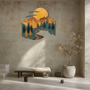 Mountain river sunset metal wall art with pine trees winding river stream and giant golden sun rustic cabin aluminum wall decor 6