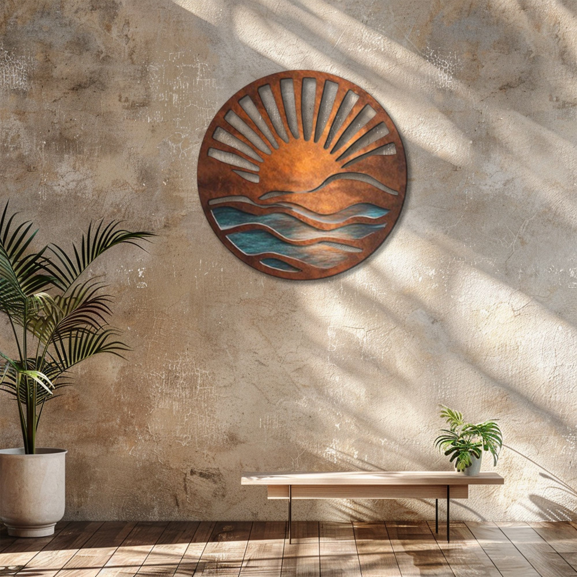 Rustic Ocean Sunrise UV printed aluminum metal wall art for coastal beach house living room and patio decor 7